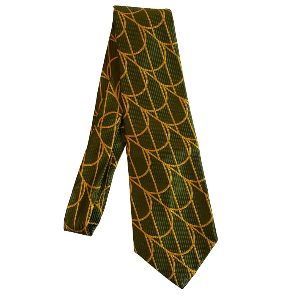 Vintage 60s John Frederics Wide Tie Jacquard Texture Green Gold Silk Union Made